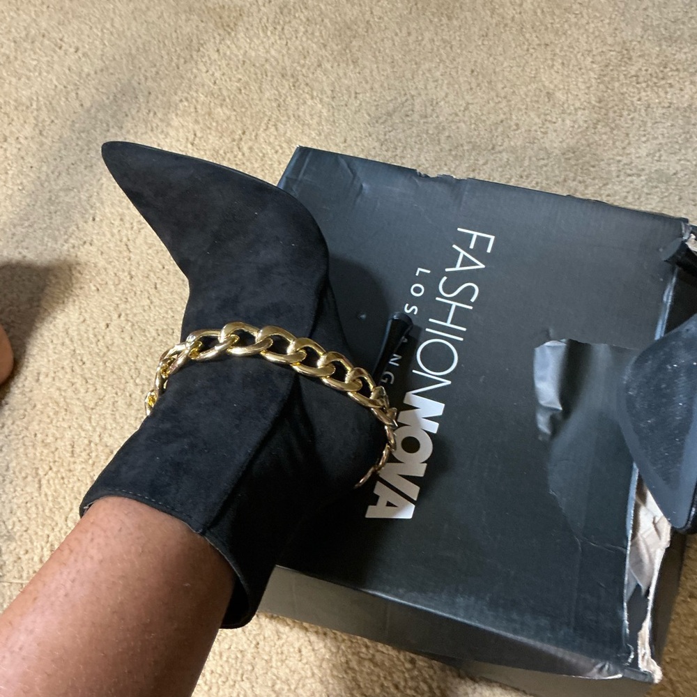 Fashion Nova Black Boots with Gold Chain Accent